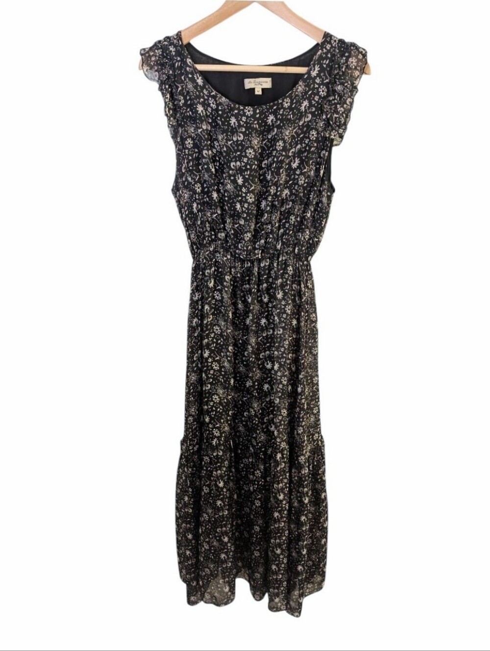 Le Ragazze Floral Silk Blend Maxi Dress with Ruffled Sleeves Medium
